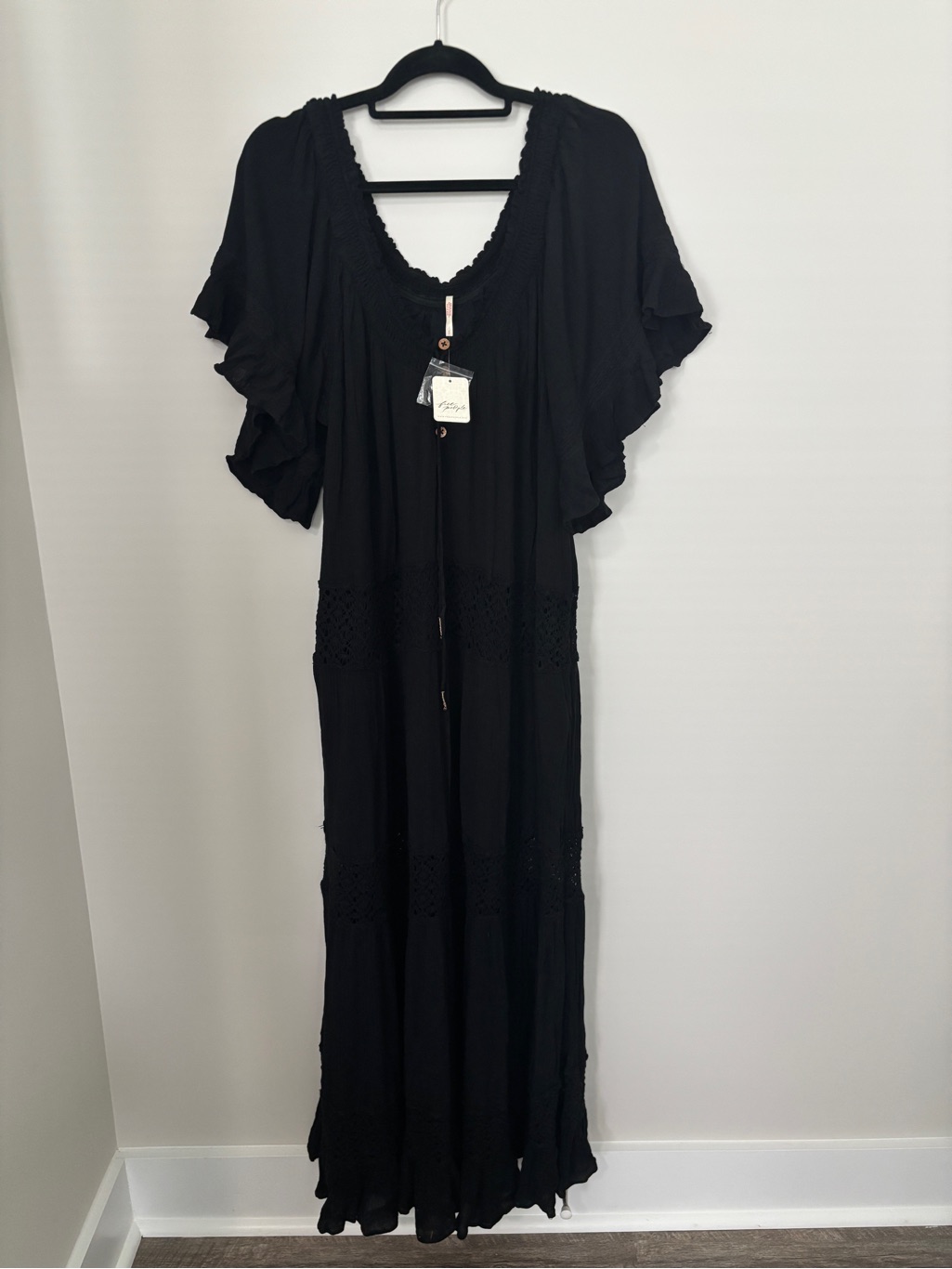 Free People Nwt Black Maxi Dress With Ruffle Sleeves Size S - Ptp 20” Length 57”